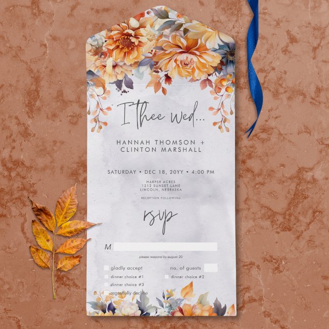 Janto Floral Rust & Marinho Fall Russo (Rustic Rust & Navy Fall Floral Dinner All In One Invitation)