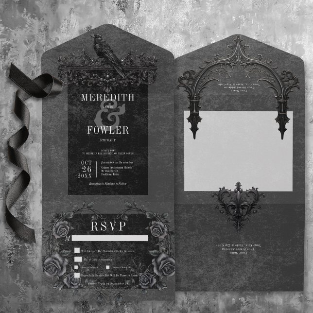 Janto Gótico de Rosas Pretas Raven e Pretas (Gothic Black Raven & Black Roses QR Code All In One Invitation with Dinner Options)
