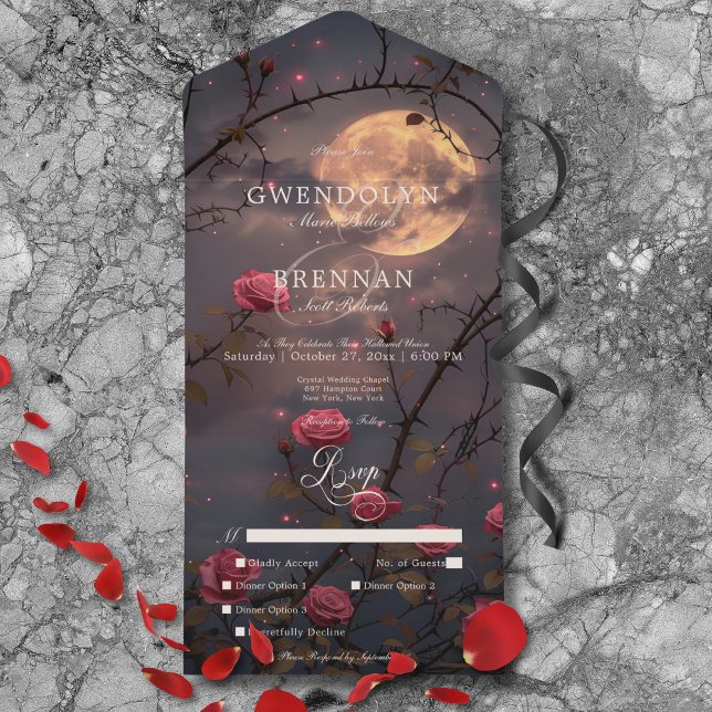 Janto Gótico Escuro de Lua Cheia e Rosas vermelhas (Dark Gothic Full Moon & Blood Red Roses Dinner All In One Invitation)