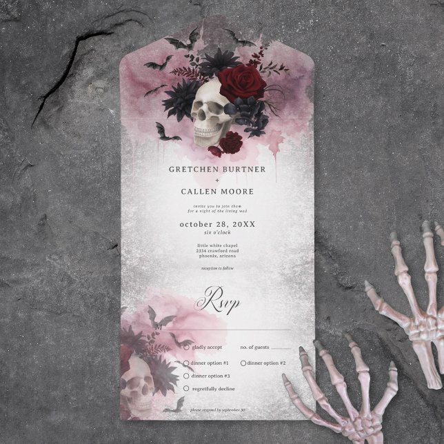 Janto Gótico Preto e Borgonha Crânio e Morcegos (Gothic Black & Burgundy Skull & Bats Dinner All In One Wedding Invitation)