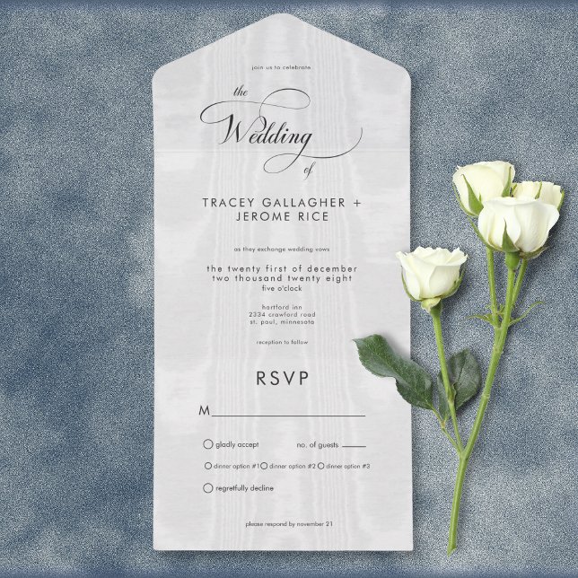 Janto Mínimo Moderno Satin Branco Taffeta (Modern Minimal White Satin Taffeta All In One Wedding Invitation with Dinner Options)