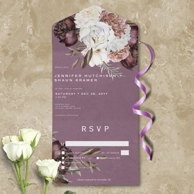 Janto Modern Burgundy & White Peonies & Rosas (Modern Burgundy & White Peonies & Roses Dinner All In One Invitation)