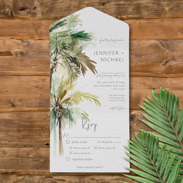 Janto Moderno das Palmeiras Tropicais (Tropical Palm Trees Modern All in One Wedding Invitation with Dinner Options)