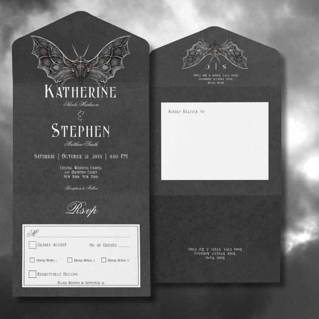 Janto Preto e Branco Gótico Moth Moody (Gothic Moth Moody Black & White All In One Wedding Invitation with Dinner Options)