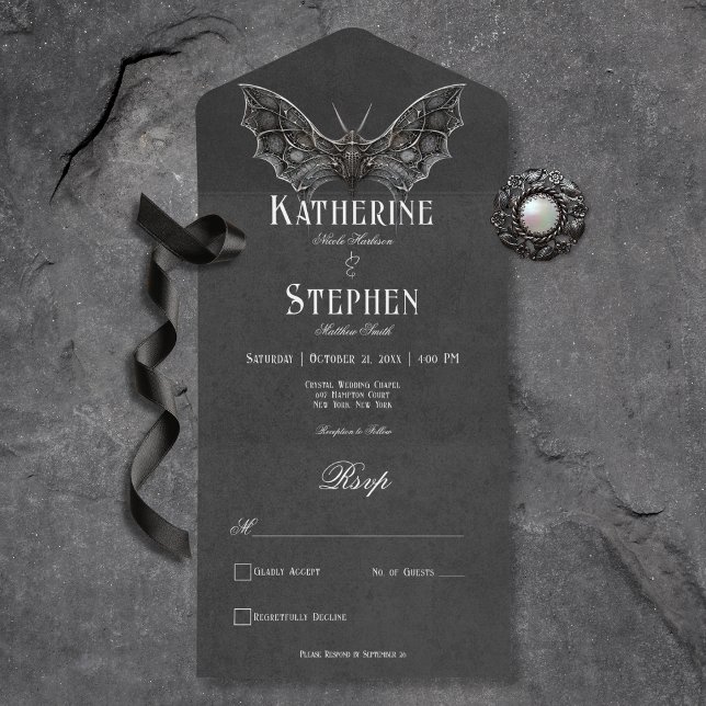 Janto Preto e Branco Gótico Moth Moody (Gothic Moth Moody Black & White All In One Wedding Invitation without Dinner Options)