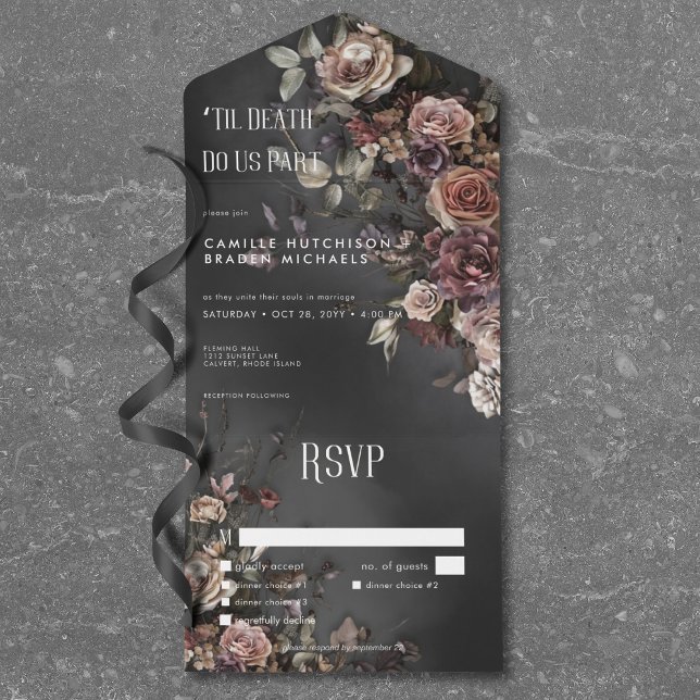 Janto Preto Moody Gótica Flores & Mist (Black Moody Gothic Flowers & Mist Dinner All In One Invitation)