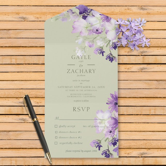 Janto Purple Boho Floral Sage Green (Also available with a QR code or without dinner selection options.)