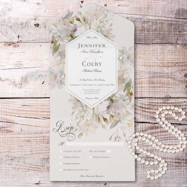 Janto Romântico branco-cor-de-rosa (Romantic Muted White & Pink Floral Dinner All In One Invitation)