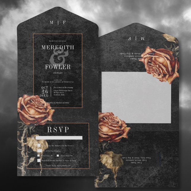 Janto Rosa preto e robusto gótico escuro (Dark Gothic Black & Rust Rose All In One Wedding Invitation with Dinner Options)