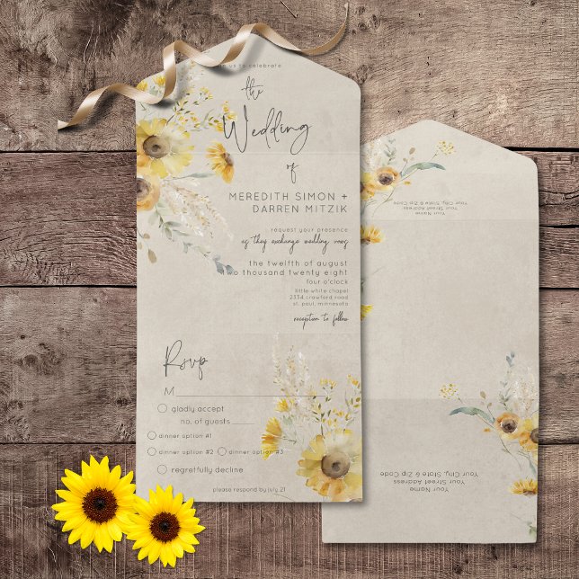 Janto Russo Amarelo e Marrom de Verão Sunflower (Rustic Yellow & Brown Summer Sunflower All In One Wedding Invitation with Dinner Options)