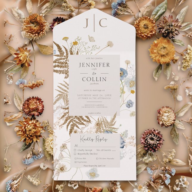 Janto Russo de Flores Selvagens Monograma Creme (Rustic Wildflowers Monogram Cream Dinner All In One Invitation)
