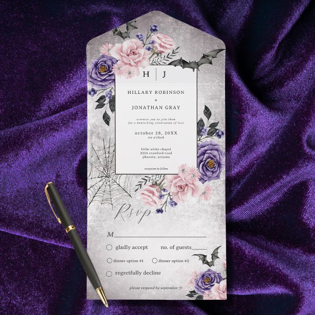 Janto Russo de Halloween Rosa e Roxo Gótico (Also available with a QR code or without dinner selection options.)