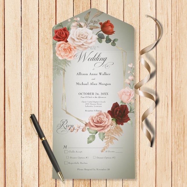 Janto Rustic Boho Rust & Peach Floral Frame Sage (Also available with a QR code or without dinner selection options.)