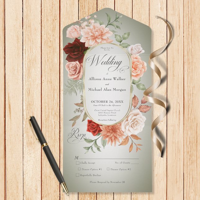 Janto Rustic Boho Rust & Peach Floral Oval Sage (Also available with a QR code or without dinner options.)