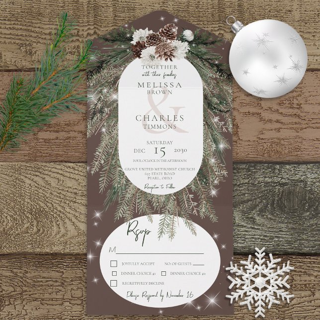 Janto Rustic Brown Pine Winter Sparkle (Also available with a QR code or without dinner selection options.)