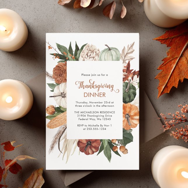 Janto Rustic Brown Pumpkin Ação de Graças Convite (Rustic Brown Pumpkin Thanksgiving Dinner Invite)