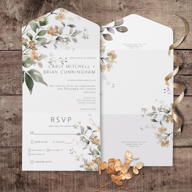 Janto Rustic Delicate Tan Fall Selvagens (Rustic Delicate Tan Fall Wildflowers All In One Wedding Invitation with Dinner Options)