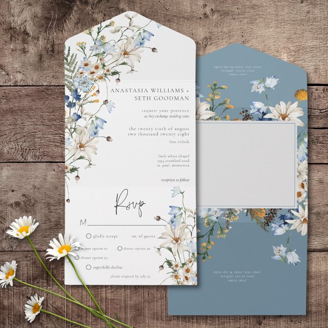 Janto Rustic Dusty Blue Selvagens & Daisies (Rustic Dusty Blue Wildflowers & Daisies All In One Wedding Invitation with Dinner Options)