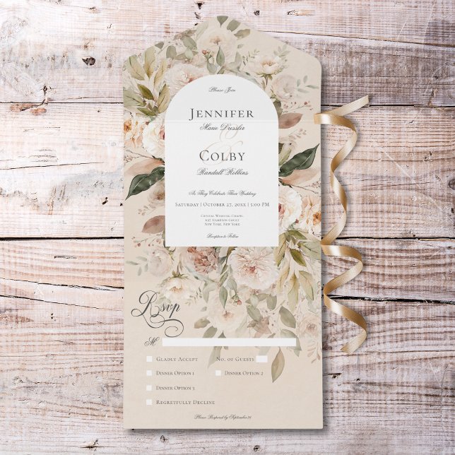 Janto Rustic Neutral Tan & Cream Floral Arch (Rustic Neutral Tan & Cream Floral Arch Dinner All In One Invitation)