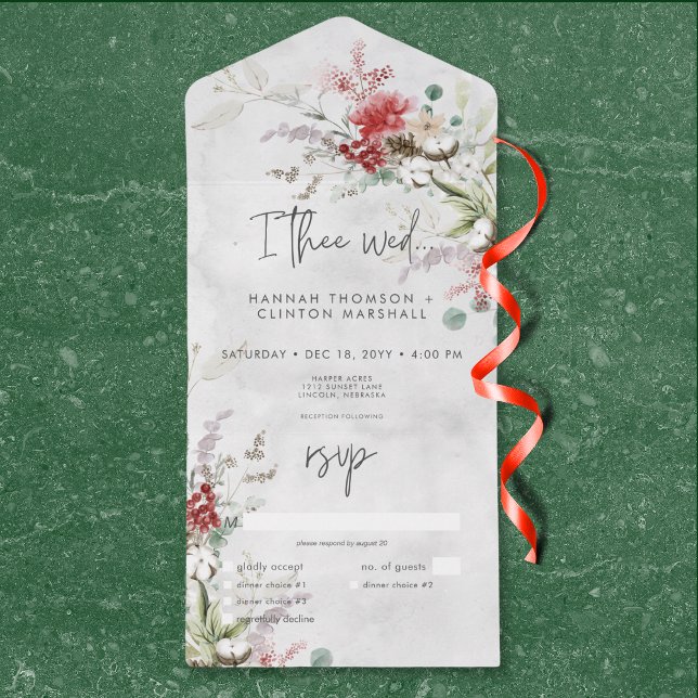 Janto Rustic Red Winter Berries & Boho Cotton (Rustic Red Winter Berries & Boho Cotton Dinner All In One Invitation)