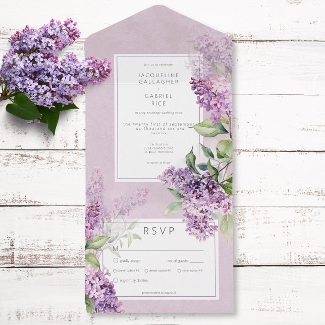 Janto Rustic Romantic Purple & Sage Lilacs (Rustic Romantic Purple & Sage Lilacs Dinner All In One Invitation)