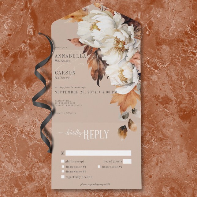 Janto Rustic Tan & Cream Fall Floral & Leaves (Rustic Tan & Cream Fall Floral & Leaves Dinner All In One Invitation)
