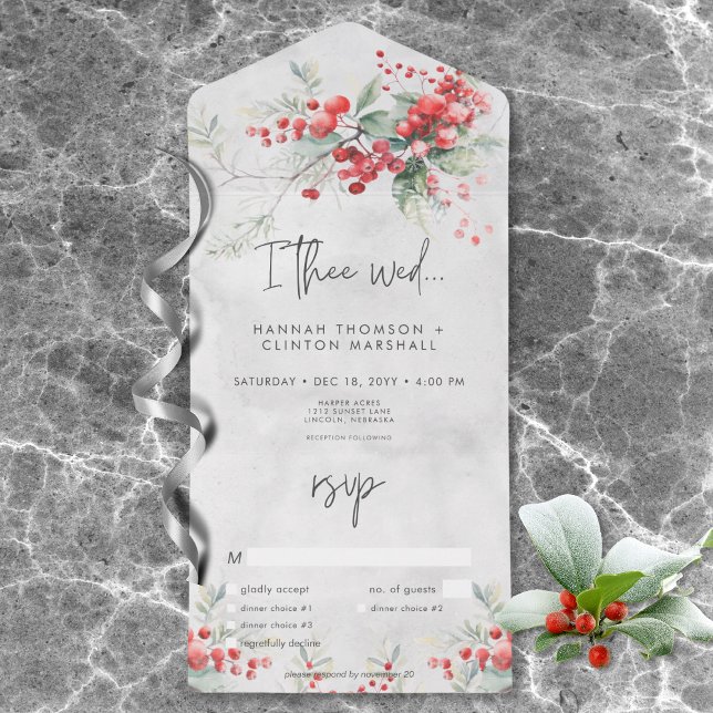 Janto Rustic Winter Holly & Pine Wedding (Rustic Winter Berries & Pine Wedding Dinner All In One Invitation)