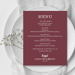 Janto Simples Elegante Burgundy<br><div class="desc">Um cartão de menu de janto em burgundy mostra seu menu em letras brancas quentes. Perfeito para uma recepção de casamento moderna, janto de ensaio de casamento, festa de aniversário ou qualquer evento especial com um janto sentado. Escolha QUALQUER FUNDO DE COR, qualquer texto de COR, qualquer letra! Personalize facilmente...</div>
