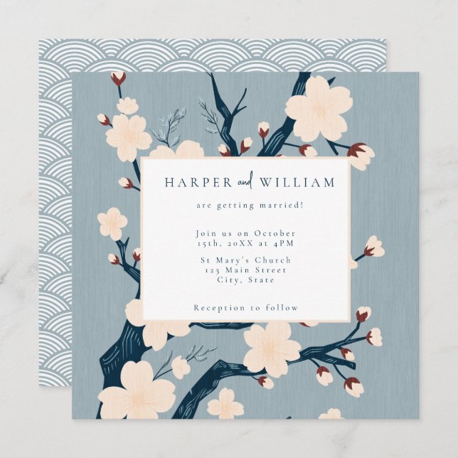 Japandi flores, convite para casamento azul e rosa (Frente/Verso)