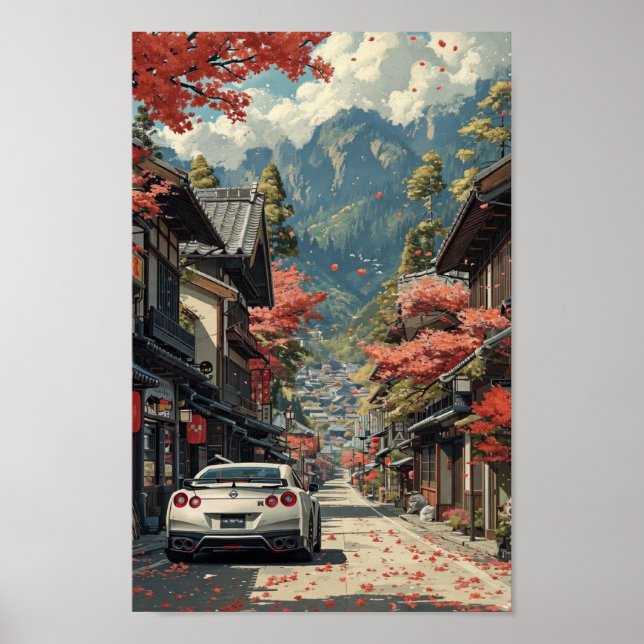 Japanese Autumn Street with Sports Car Poster (Frente)