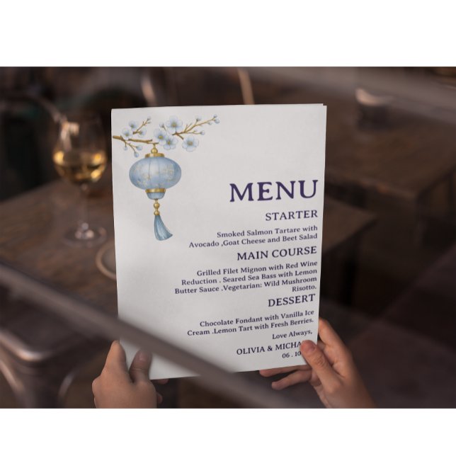 Japanese Blue Lantern Wedding Menu Card (Criador carregado)