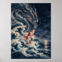 Japanese Dragon Koi Fish Fantasy Art Poster