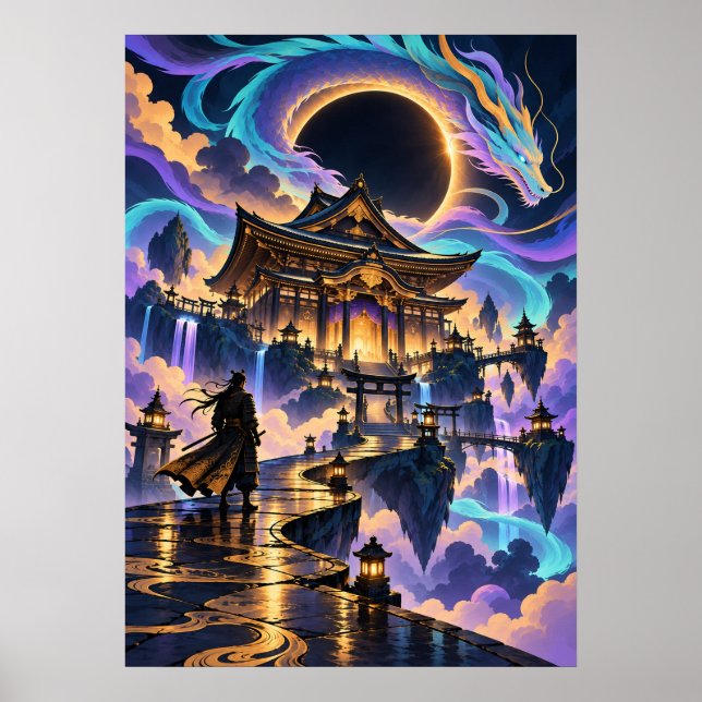 Japanese Dragon Samurai Fantasy Temple Poster (Frente)