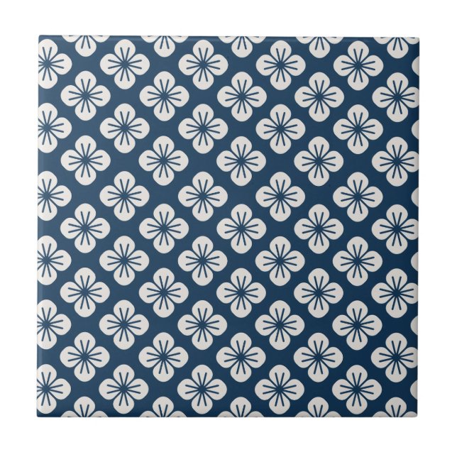 Japanese Navy Blue Ivory Floral Geometric Pattern (Frente)