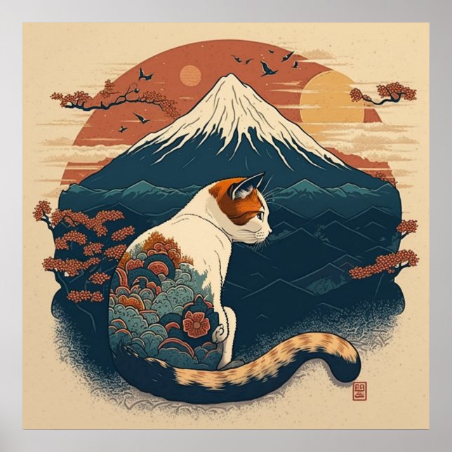 Japanese Style Cat Art Poster - Red and Blue (Frente)