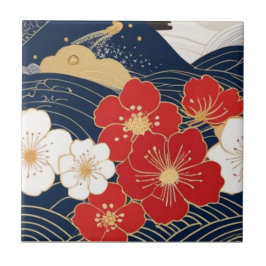 Japanese Waves and Blossoms Ceramic Tile - Piece 1