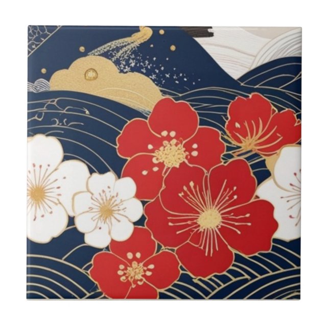Japanese Waves and Blossoms Ceramic Tile - Piece 1 (Frente)