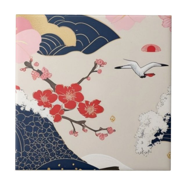 Japanese Waves and Blossoms Ceramic Tile - Piece 2 (Frente)