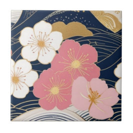 Japanese Waves and Blossoms Ceramic Tile - Piece 3