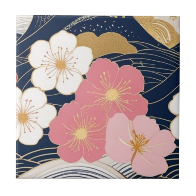 Japanese Waves and Blossoms Ceramic Tile - Piece 3 (Frente)