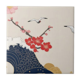 Japanese Waves and Blossoms Ceramic Tile - Piece 4