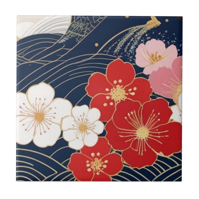 Japanese Waves and Blossoms Ceramic Tile - Piece 5 (Frente)