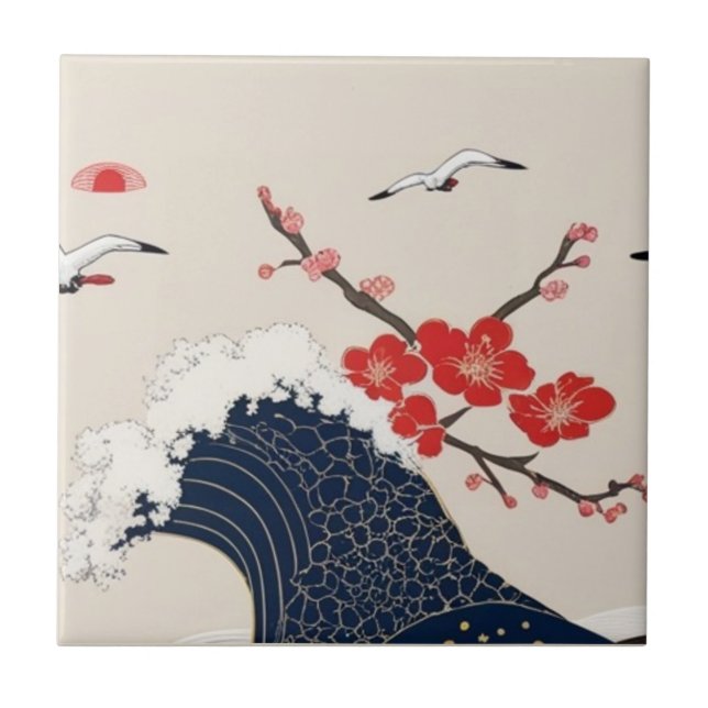 Japanese Waves and Blossoms Ceramic Tile - Piece 6 (Frente)