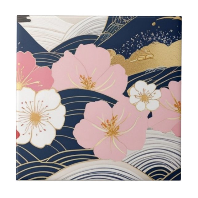 Japanese Waves and Blossoms Ceramic Tile - Piece 7 (Frente)