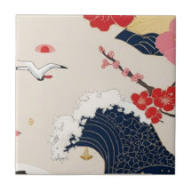Japanese Waves and Blossoms Ceramic Tile - Piece 8