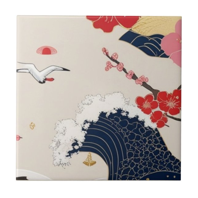 Japanese Waves and Blossoms Ceramic Tile - Piece 8 (Frente)