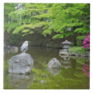 Japão, Quioto. Garça em folhas verdes frescas