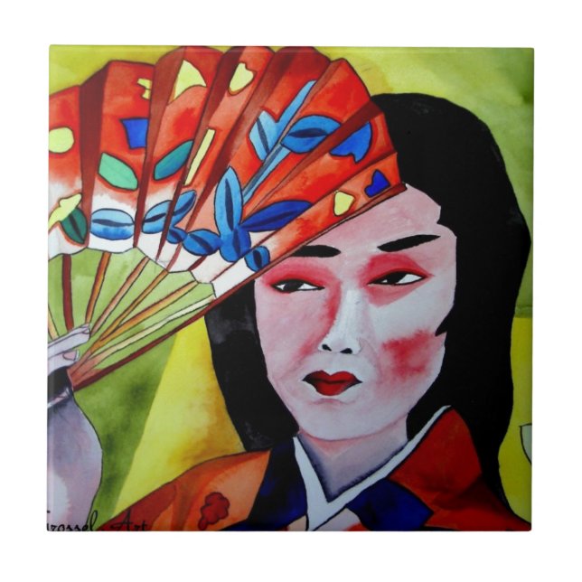 japonês Geisha com fã de pintura de arte original (Frente)