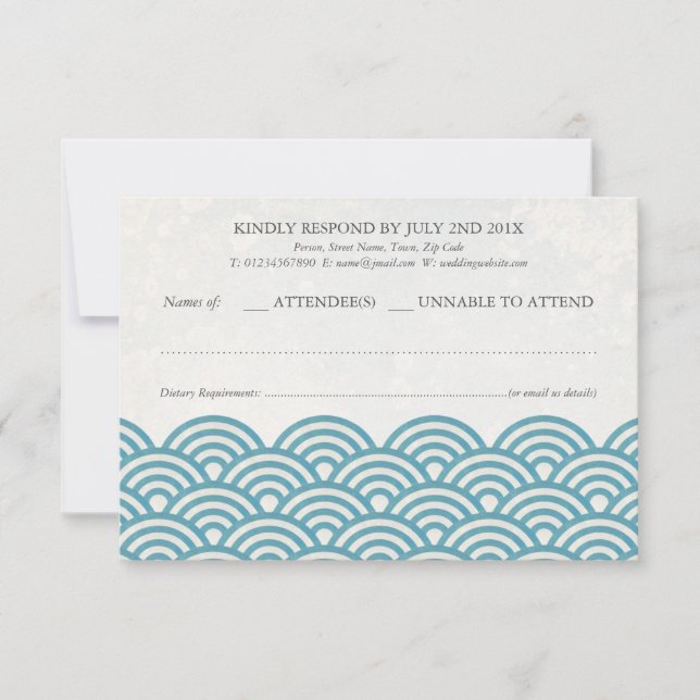 Japonês Seigaiha Waves Elegant Beach Wedding RSVP (Frente)