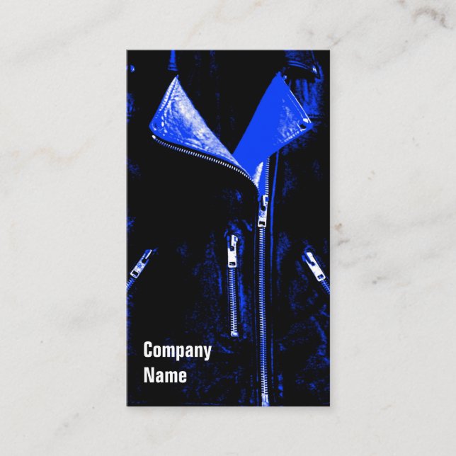 Jaqueta de couro cartão de visita azul texto preto (Frente)